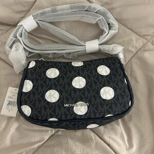 NWT Authentic Michael Kors Carmela Small Navy Polka Dot Signature Logo Pochette